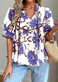 PRETTYGARDEN Womens Summer Tops Cute Puff Sleeve Ruffle V Neck Babydoll T-Shirts Boho Floral Spring Peplum Shirts PRETTYGARDEN