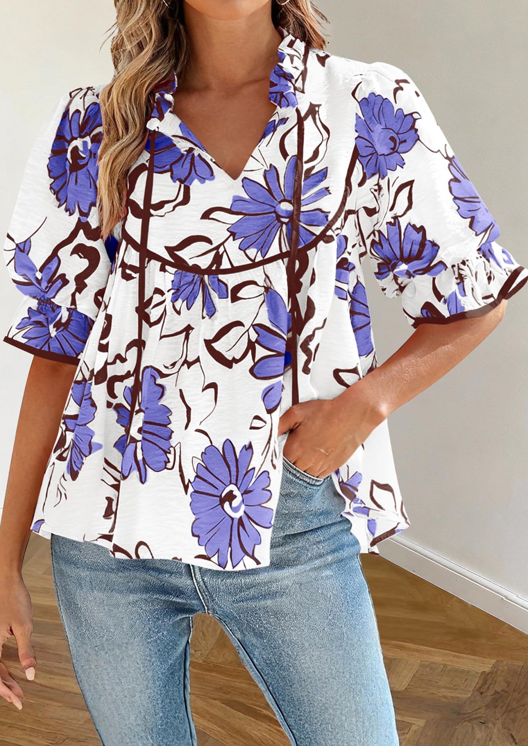 PRETTYGARDEN Womens Summer Tops Cute Puff Sleeve Ruffle V Neck Babydoll T-Shirts Boho Floral Spring Peplum Shirts PRETTYGARDEN