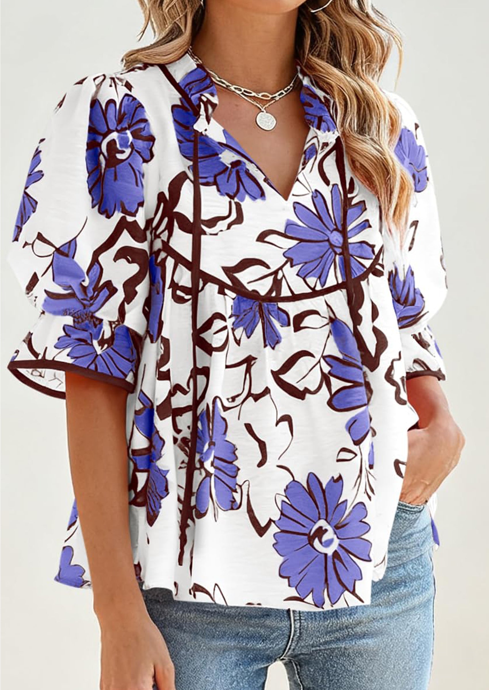 PRETTYGARDEN Womens Summer Tops Cute Puff Sleeve Ruffle V Neck Babydoll T-Shirts Boho Floral Spring Peplum Shirts PRETTYGARDEN