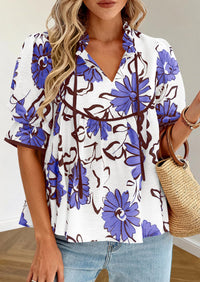 PRETTYGARDEN Womens Summer Tops Cute Puff Sleeve Ruffle V Neck Babydoll T-Shirts Boho Floral Spring Peplum Shirts PRETTYGARDEN