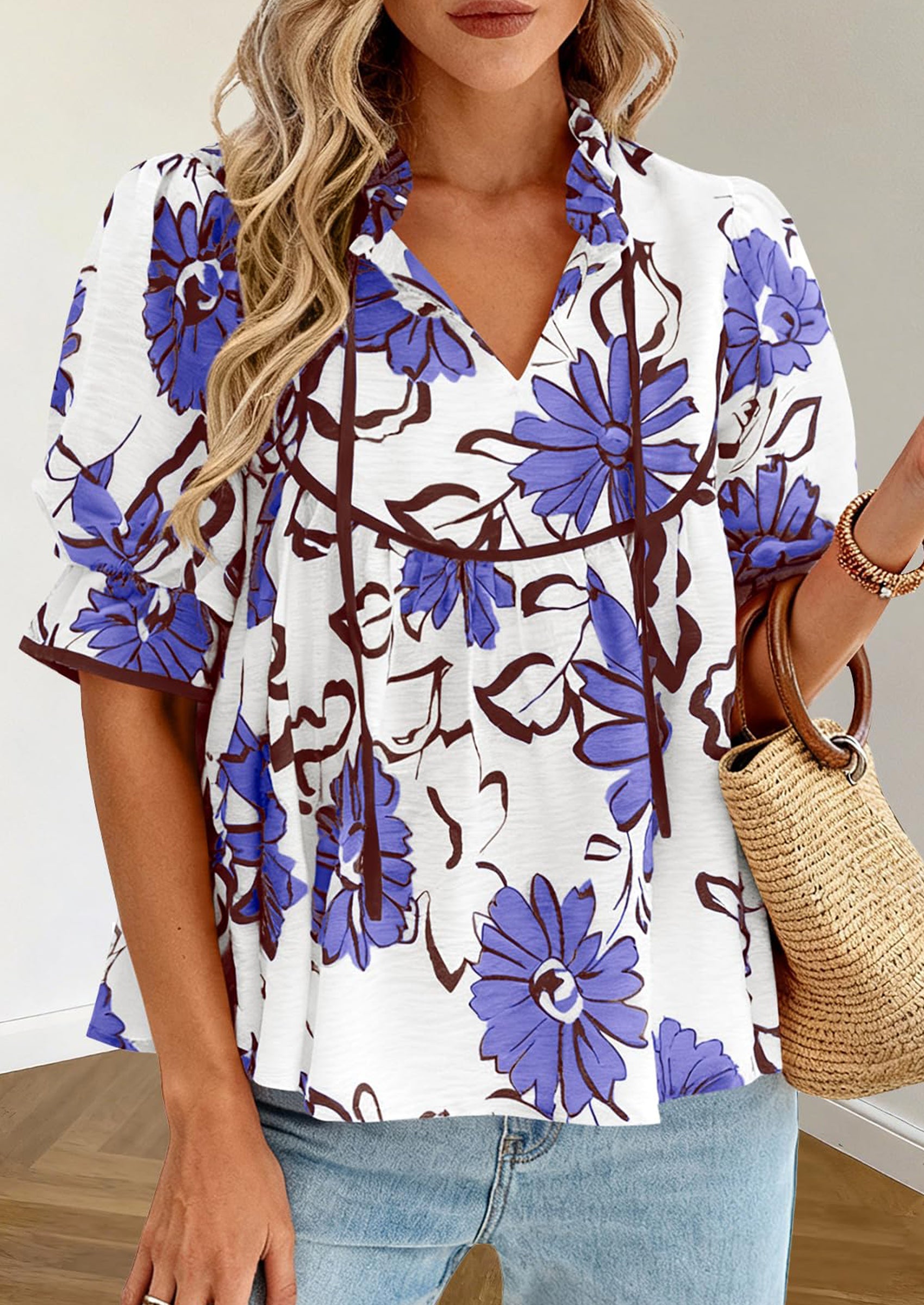 PRETTYGARDEN Womens Summer Tops Cute Puff Sleeve Ruffle V Neck Babydoll T-Shirts Boho Floral Spring Peplum Shirts PRETTYGARDEN