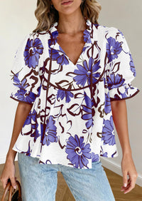 PRETTYGARDEN Womens Summer Tops Cute Puff Sleeve Ruffle V Neck Babydoll T-Shirts Boho Floral Spring Peplum Shirts PRETTYGARDEN