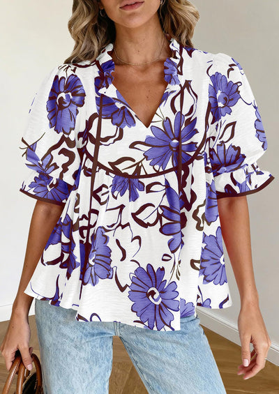 PRETTYGARDEN Womens Summer Tops Cute Puff Sleeve Ruffle V Neck Babydoll T-Shirts Boho Floral Spring Peplum Shirts PRETTYGARDEN