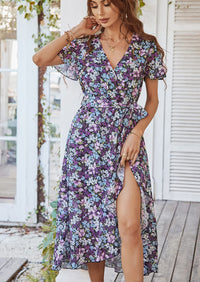 PRETTYGARDEN Women Summer Floral Boho V Neck Ruffle Wedding Guest Maxi Dresses