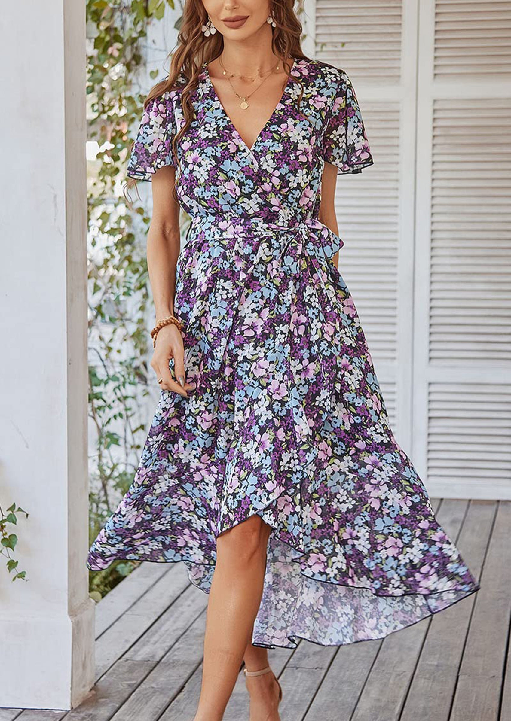 PRETTYGARDEN Women Summer Floral Boho V Neck Ruffle Wedding Guest Maxi Dresses