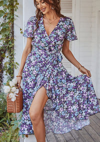 PRETTYGARDEN Women Summer Floral Boho V Neck Ruffle Wedding Guest Maxi Dresses