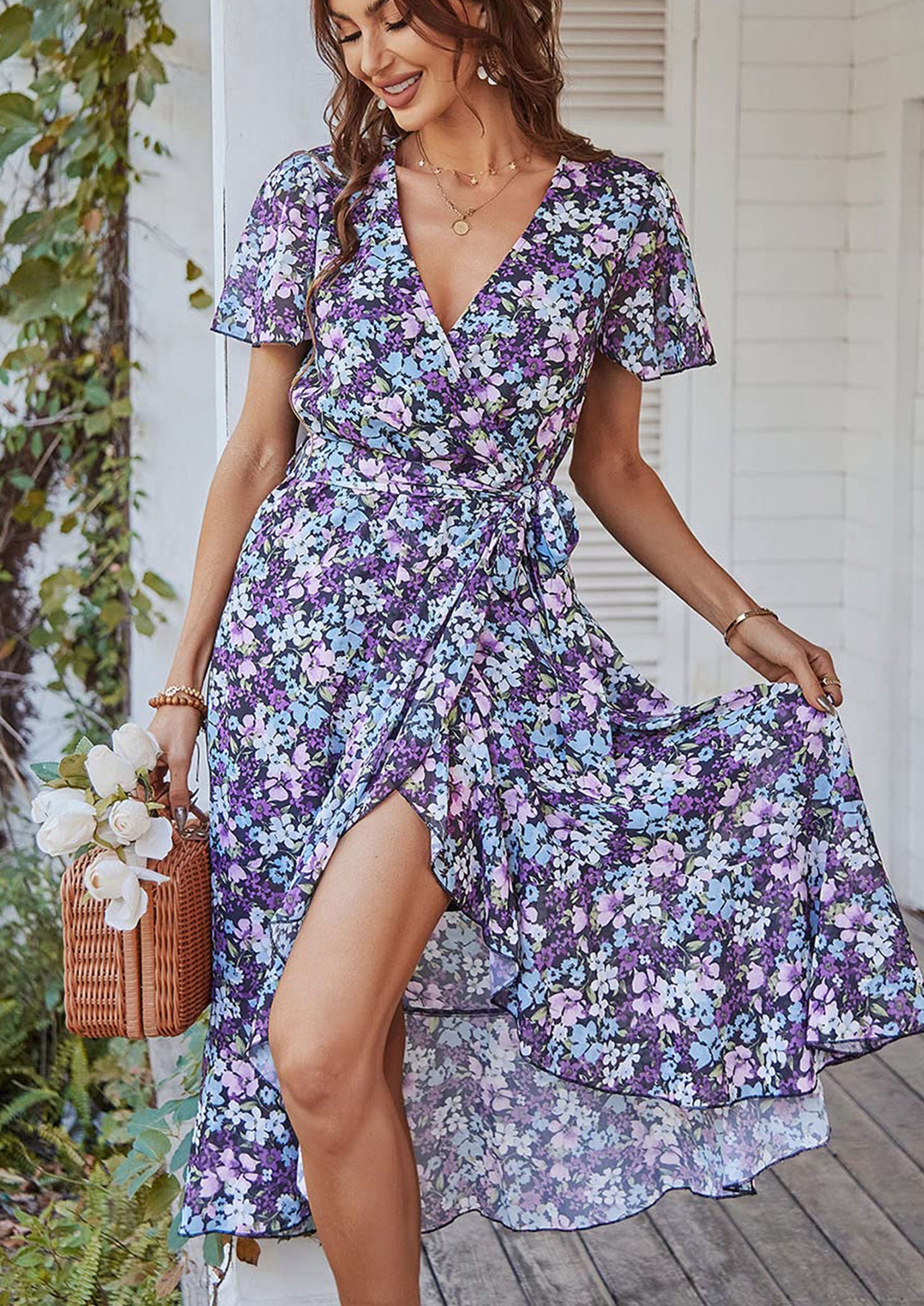 PRETTYGARDEN Women Summer Floral Boho V Neck Ruffle Wedding Guest Maxi Dresses