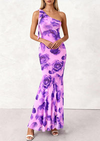 PRETTYGARDEN Womens Summer One Shoulder Maxi Dress Floral Sleeveless Bodycon Mesh Long Formal Wedding Guest Dresses PRETTYGARDEN