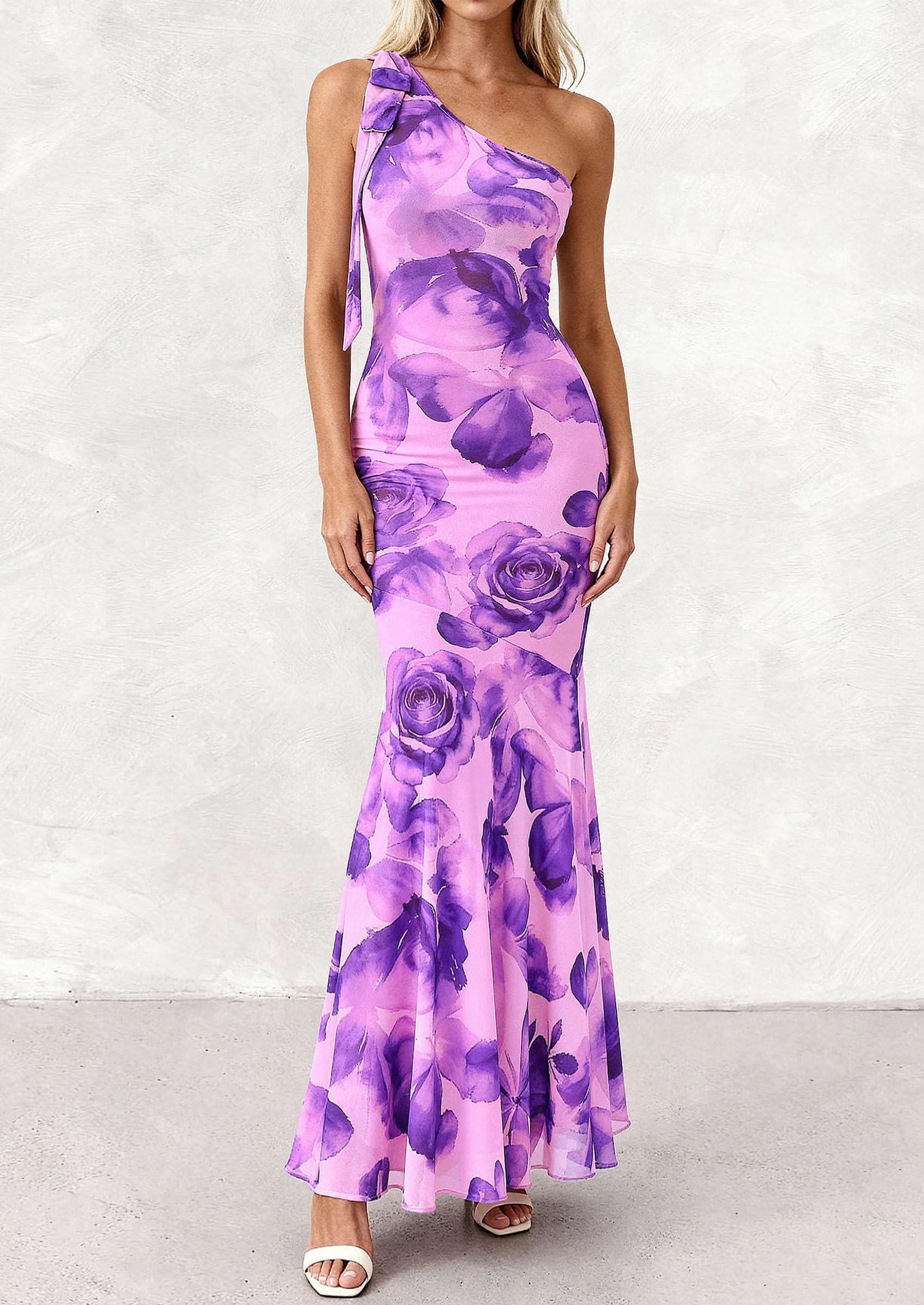 PRETTYGARDEN Womens Summer One Shoulder Maxi Dress Floral Sleeveless Bodycon Mesh Long Formal Wedding Guest Dresses PRETTYGARDEN