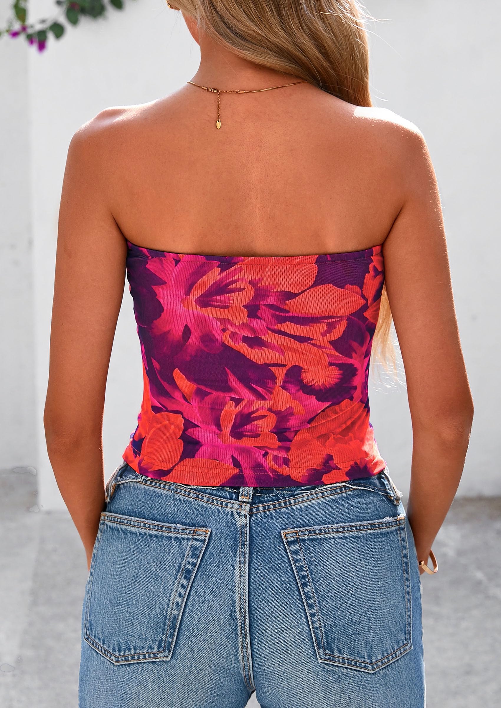 PRETTYGARDEN Strapless Tube Tops for Women Summer Mesh Floral Y2K Bandeau Cute Crop Top Trendy Going Out Outfits