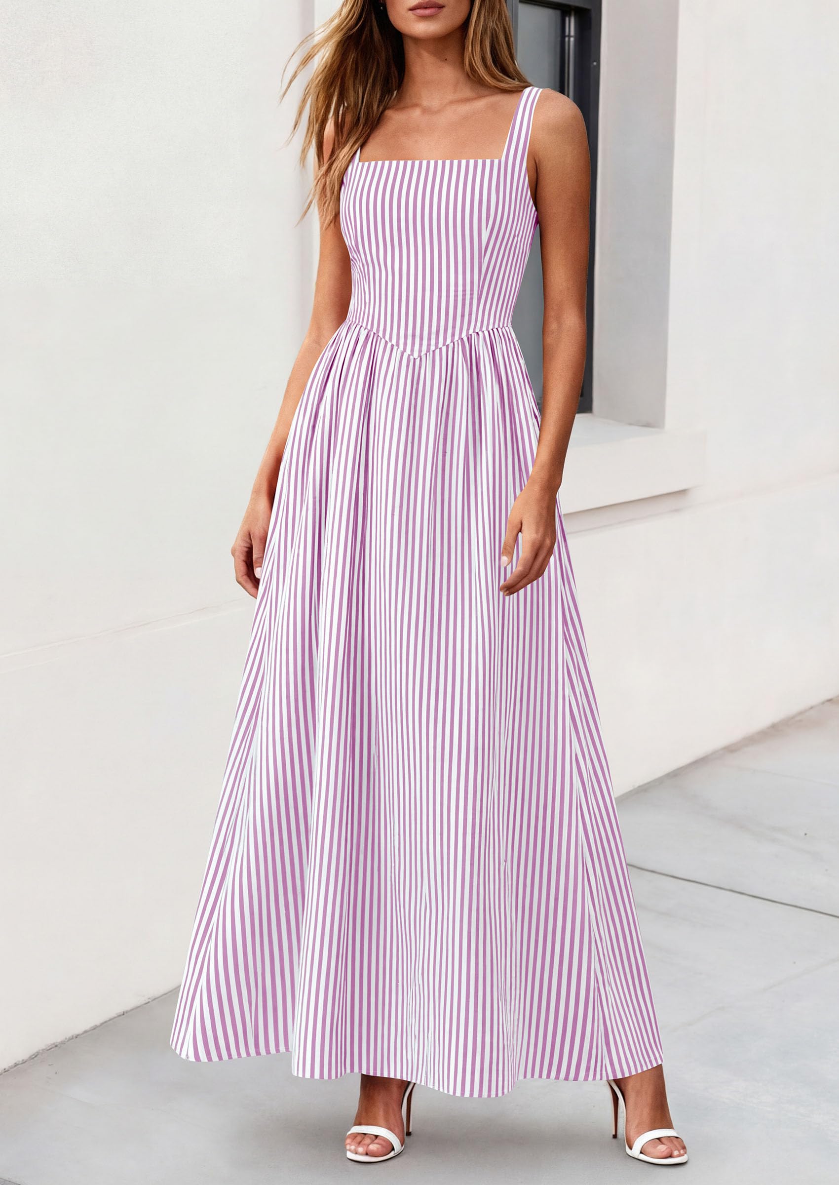 PRETTYGARDEN Women's Maxi Striped Dress Summer Sleeveless Square Neck Smocked A Line Long Flowy Spring Vacation Sundress PRETTYGARDEN