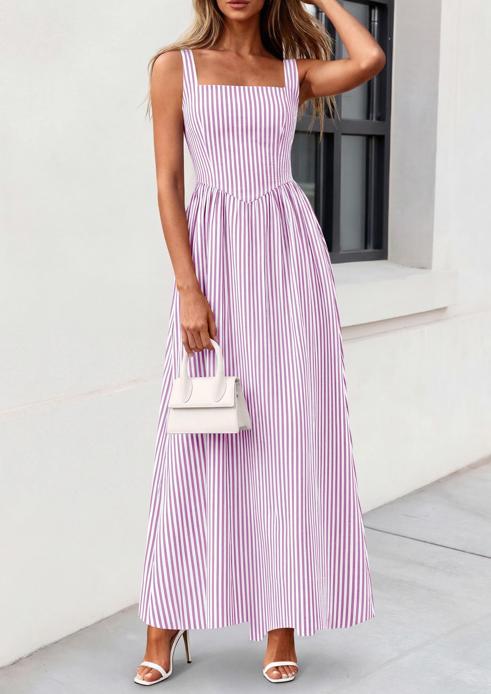 PRETTYGARDEN Women's Maxi Striped Dress Summer Sleeveless Square Neck Smocked A Line Long Flowy Spring Vacation Sundress PRETTYGARDEN