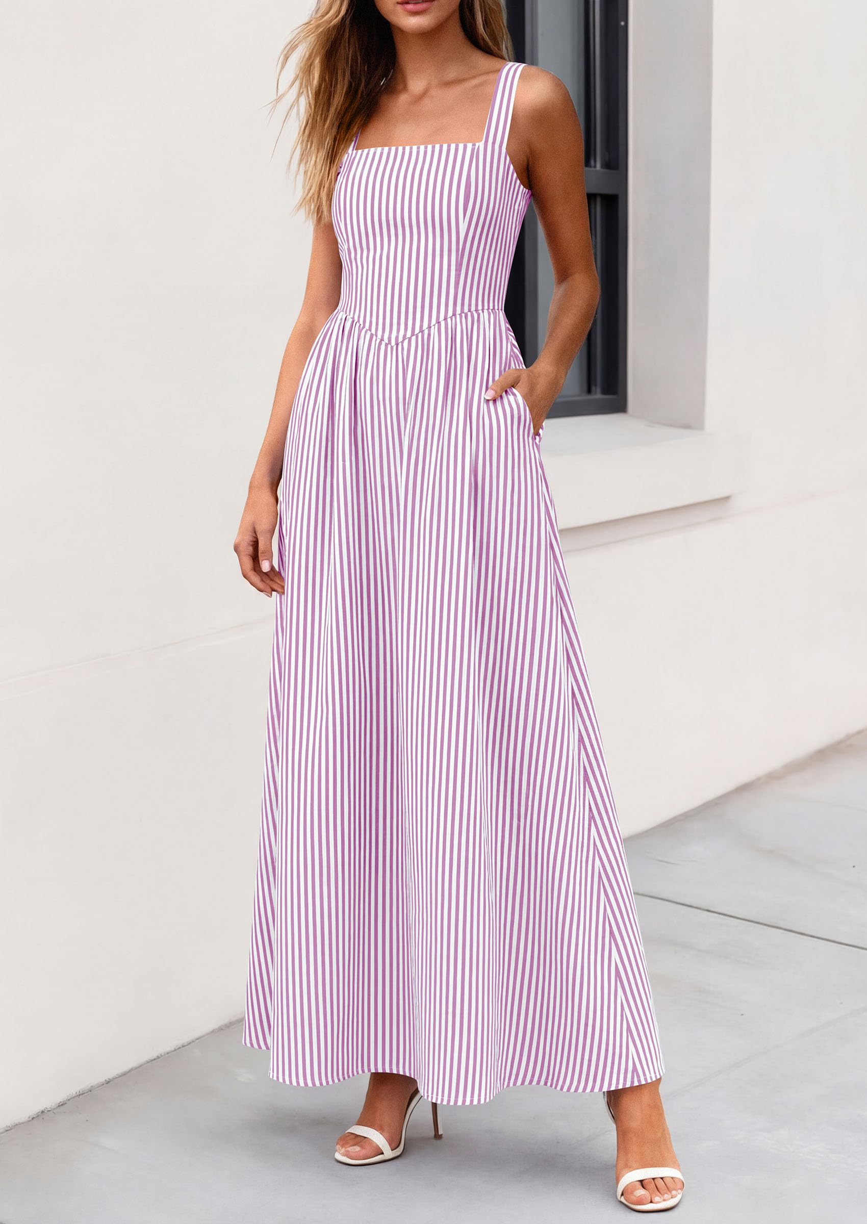 PRETTYGARDEN Women's Maxi Striped Dress Summer Sleeveless Square Neck Smocked A Line Long Flowy Spring Vacation Sundress PRETTYGARDEN