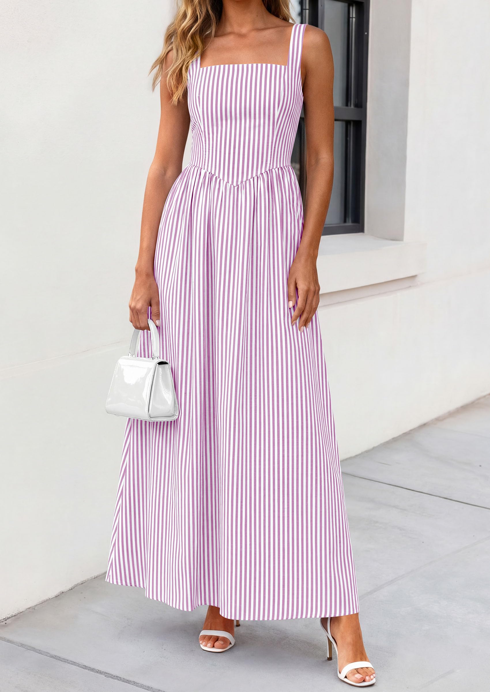 PRETTYGARDEN Women's Maxi Striped Dress Summer Sleeveless Square Neck Smocked A Line Long Flowy Spring Vacation Sundress PRETTYGARDEN