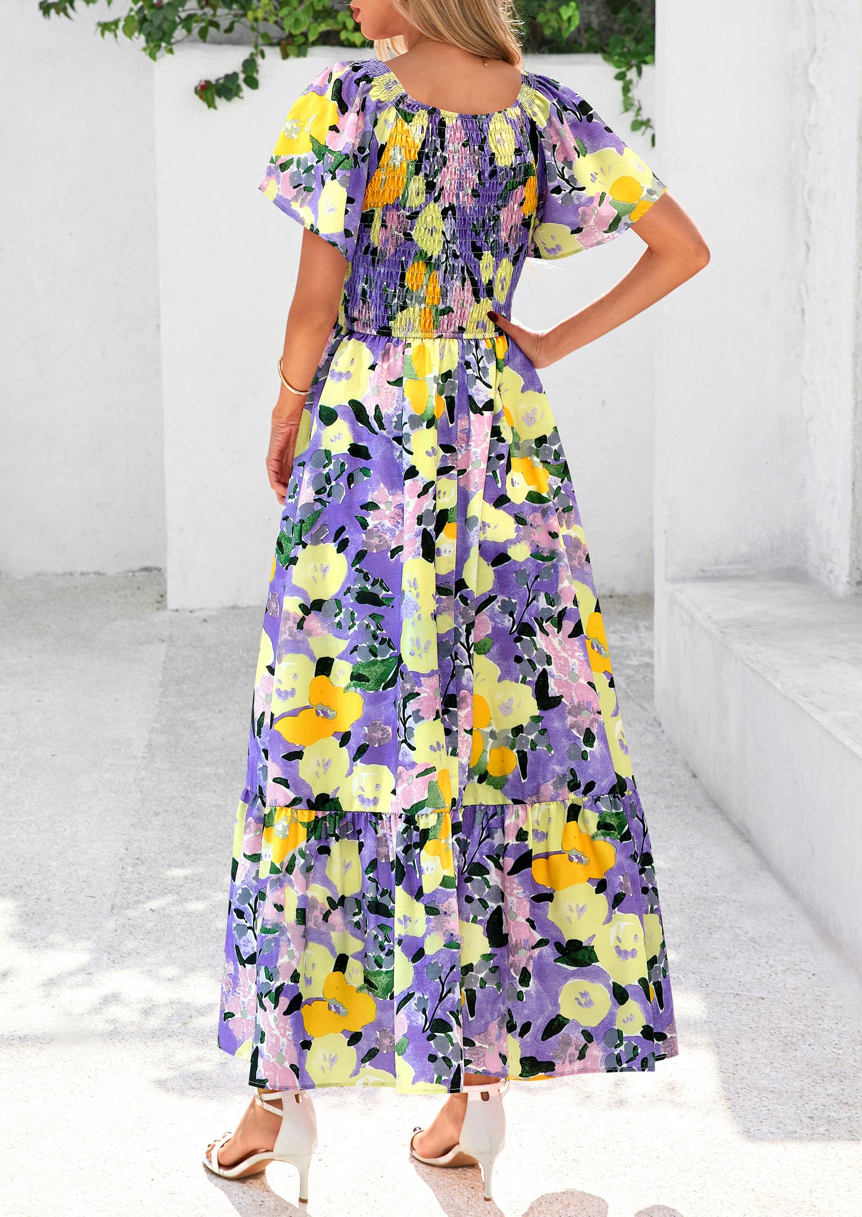 PRETTYGARDEN Women Floral Boho Maxi Dresses Short Sleeve V Neck Smocked A Line Long Flowy Beach Vacation Dress