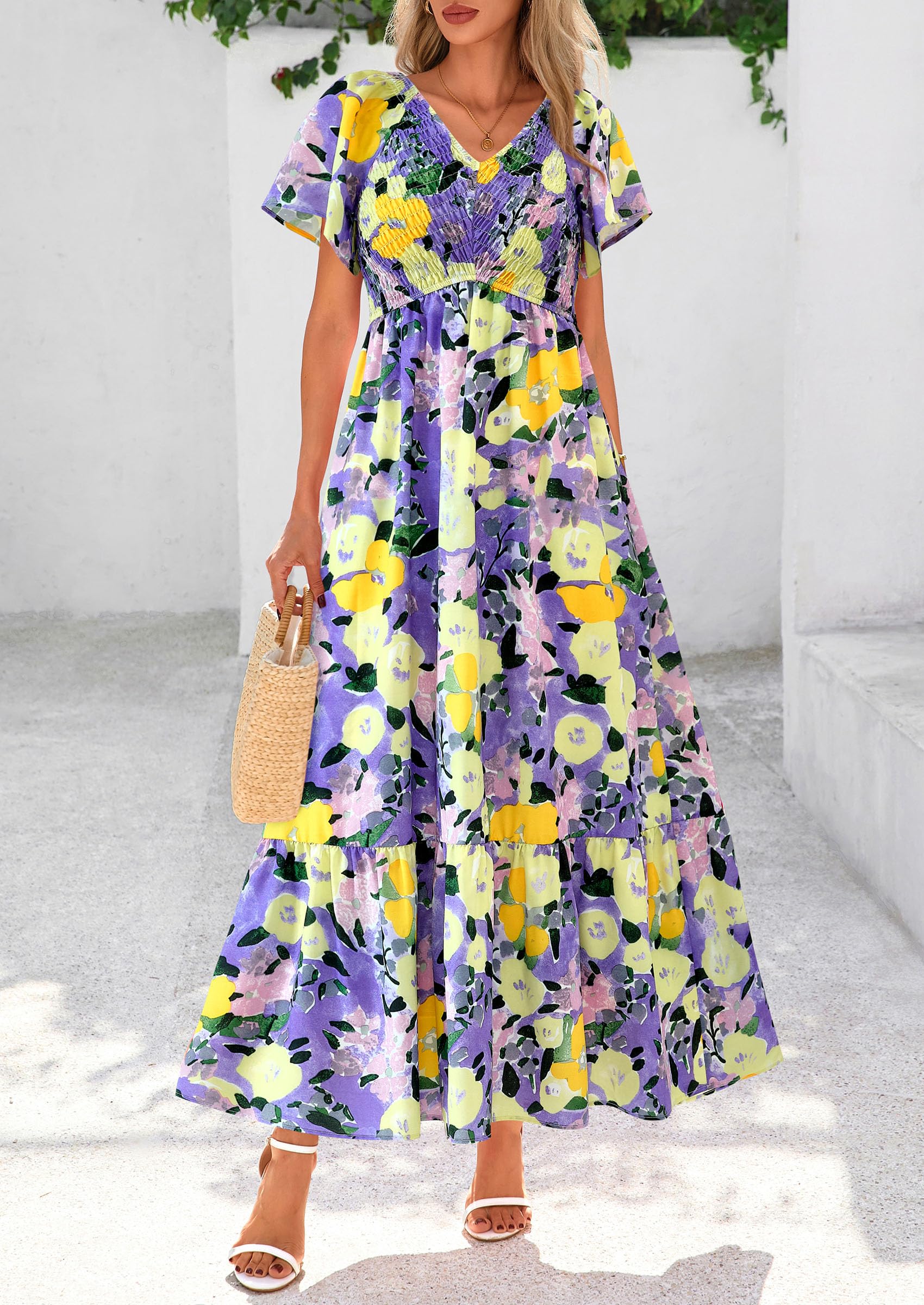 PRETTYGARDEN Women Floral Boho Maxi Dresses Short Sleeve V Neck Smocked A Line Long Flowy Beach Vacation Dress