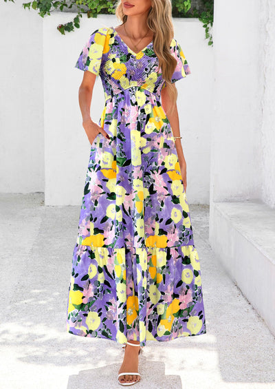 PRETTYGARDEN Women Floral Boho Maxi Dresses Short Sleeve V Neck Smocked A Line Long Flowy Beach Vacation Dress