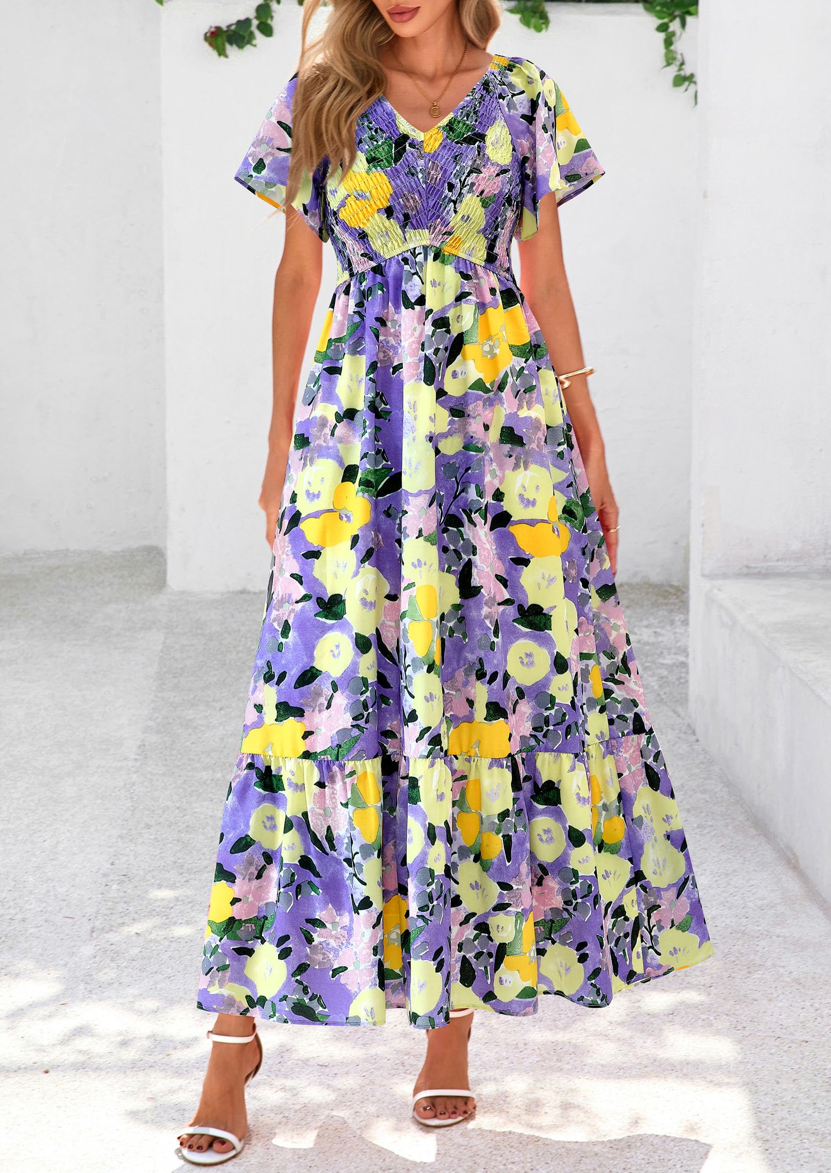 PRETTYGARDEN Women Floral Boho Maxi Dresses Short Sleeve V Neck Smocked A Line Long Flowy Beach Vacation Dress