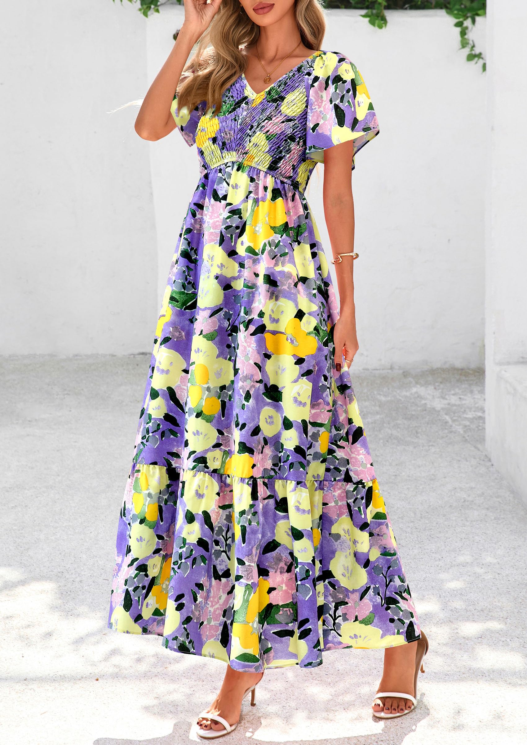 PRETTYGARDEN Women Floral Boho Maxi Dresses Short Sleeve V Neck Smocked A Line Long Flowy Beach Vacation Dress