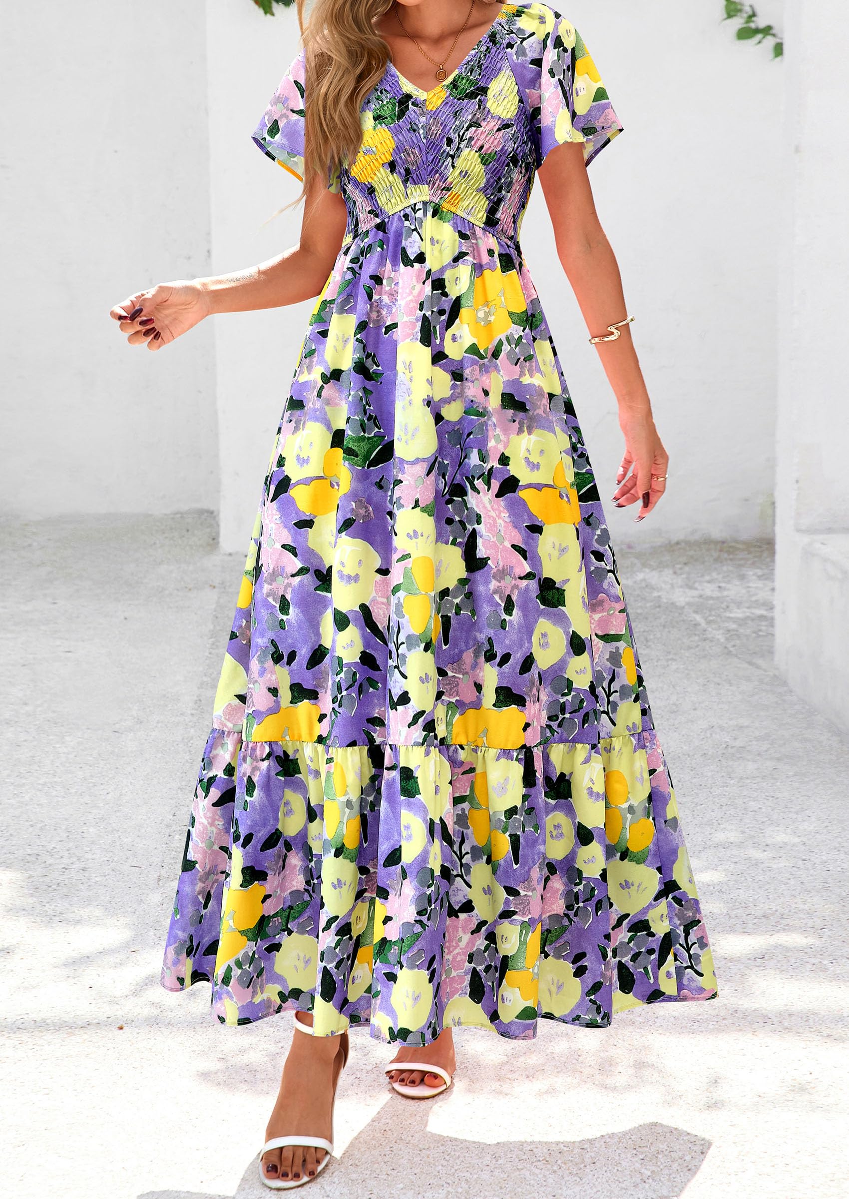 PRETTYGARDEN Women Floral Boho Maxi Dresses Short Sleeve V Neck Smocked A Line Long Flowy Beach Vacation Dress