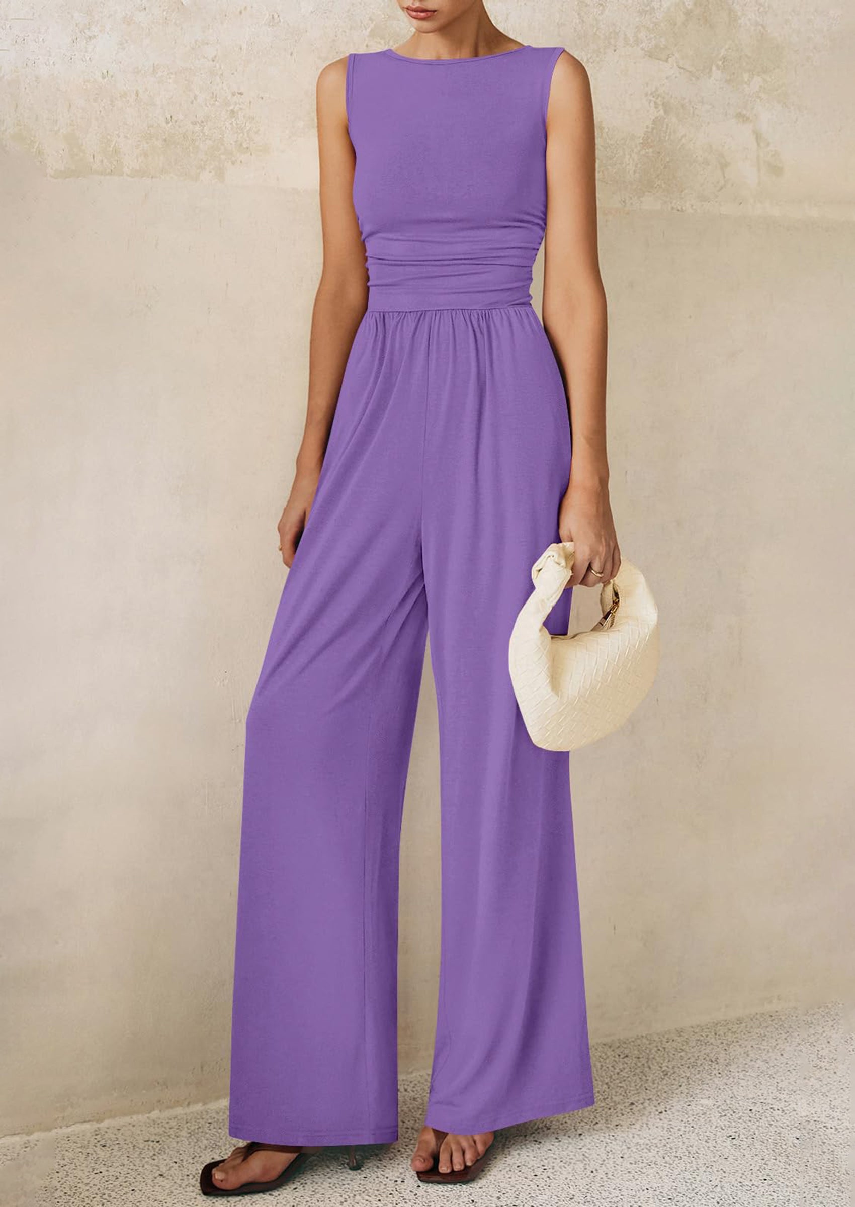 PRETTYGARDEN One Piece Jumpsuits for Women Dressy Casual Sleeveless Crewneck Wide Leg Rompers Jumpers Vacation Summer Outfits