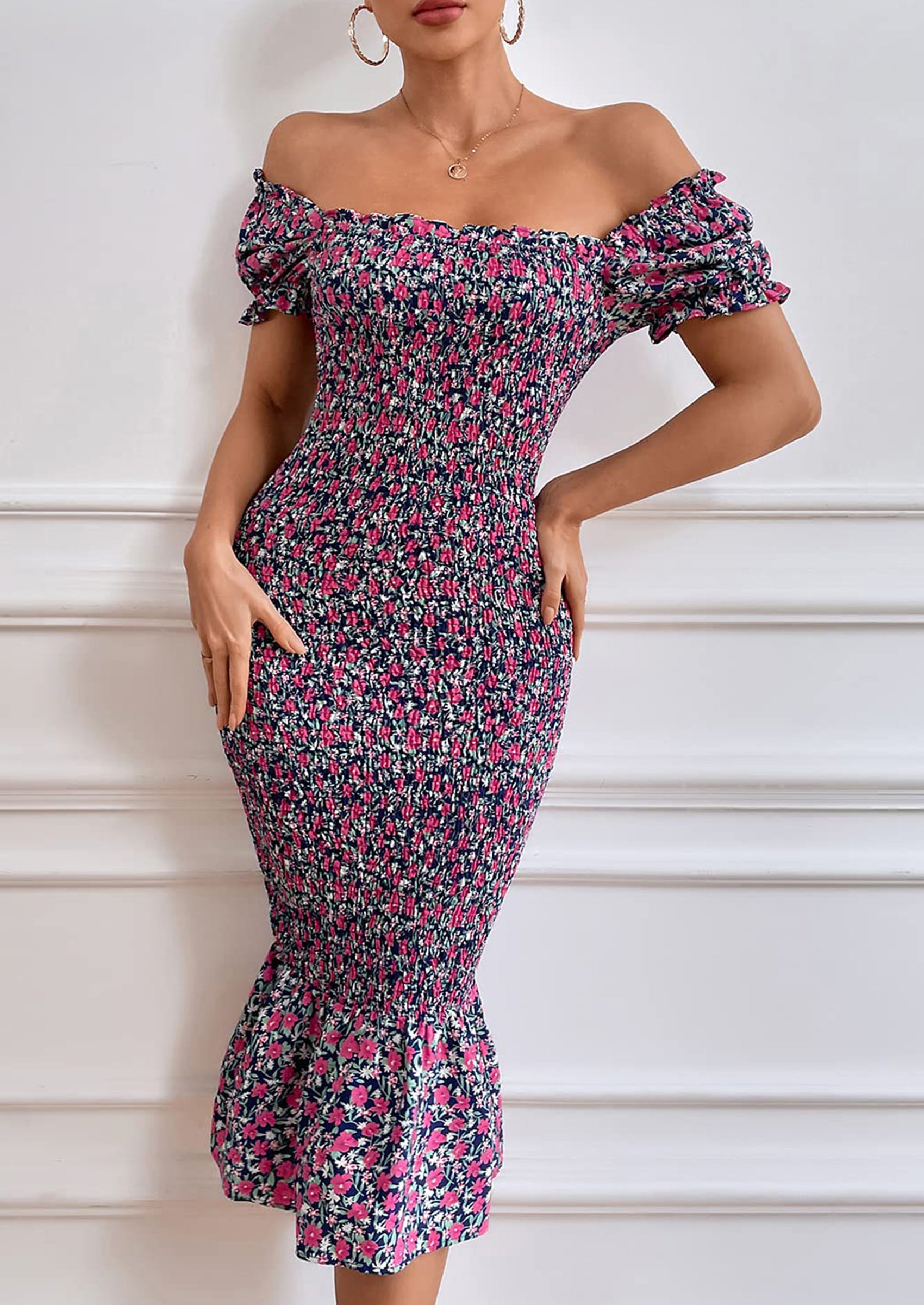 PRETTYGARDEN Bodycon Midi Dresses Summer Floral Puff Sleeve Mermaid Cocktail Baby Shower Photoshoot Maternity Dress