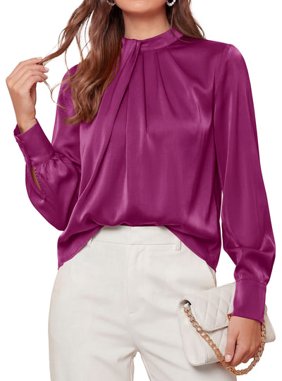 PRETTYGARDEN Satin Tops for Women Mock Neck Pleated Long Sleeve Shirts