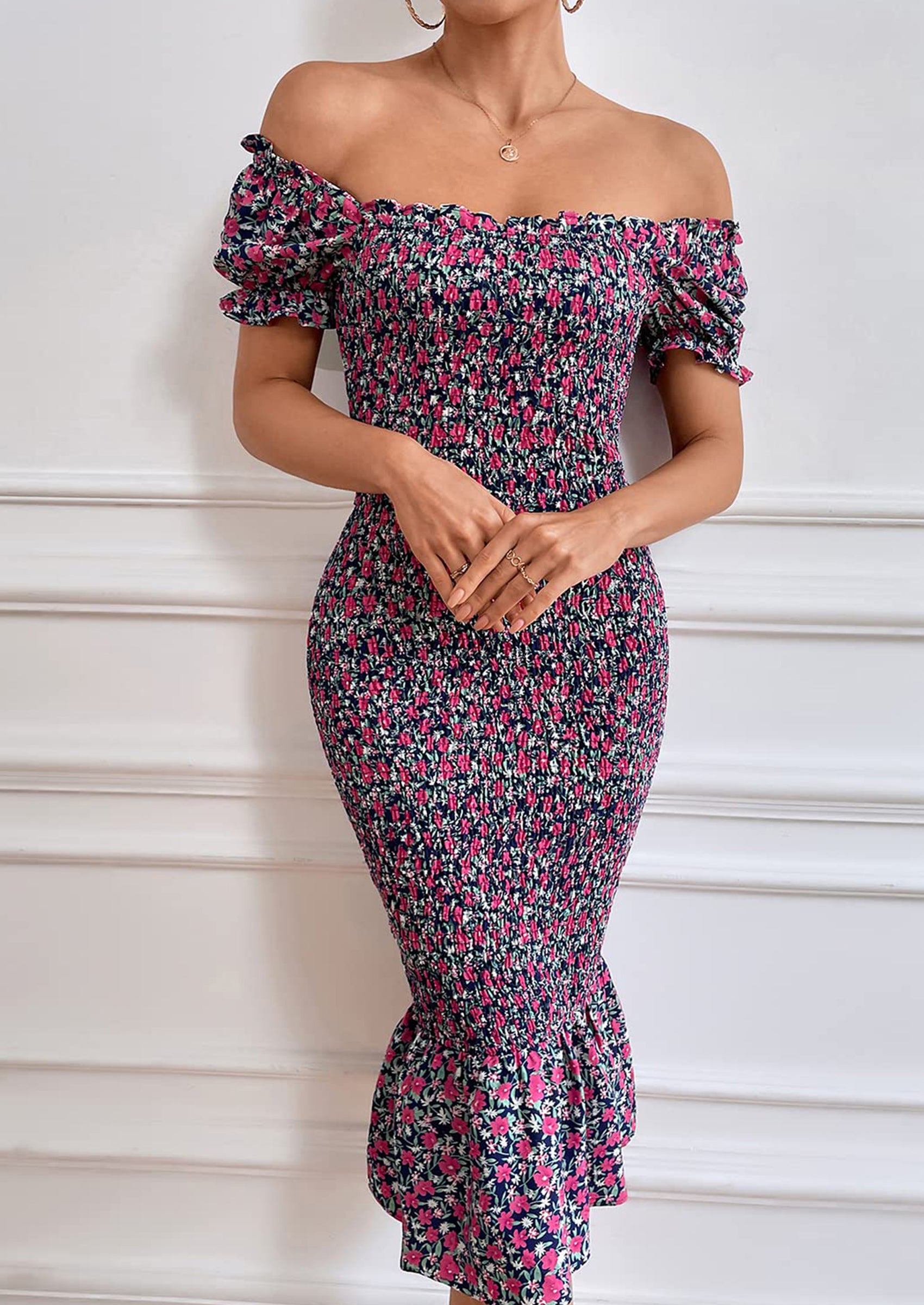 PRETTYGARDEN Bodycon Midi Dresses Summer Floral Puff Sleeve Mermaid Cocktail Baby Shower Photoshoot Maternity Dress