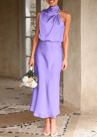 PRETTYGARDEN Women's Summer Satin Dress Elegant Sleeveless Mock Neck Cocktail Party Maxi Dresses