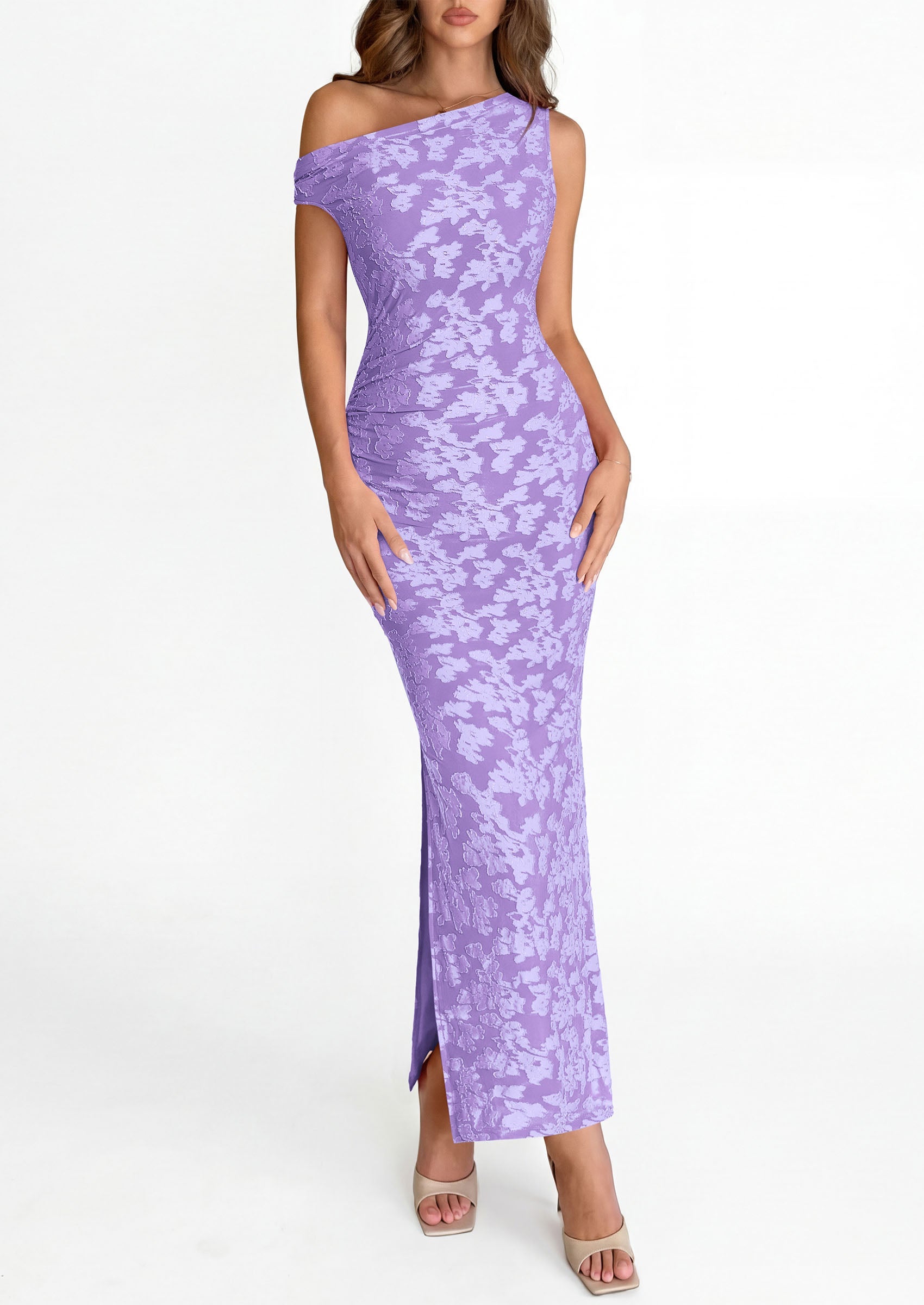 PRETTYGARDEN Womens Floral One Shoulder Maxi Dress 2026 Summer Spring Bodycon Ruched Side Slit Elegant Cocktail Party Dresses PRETTYGARDEN