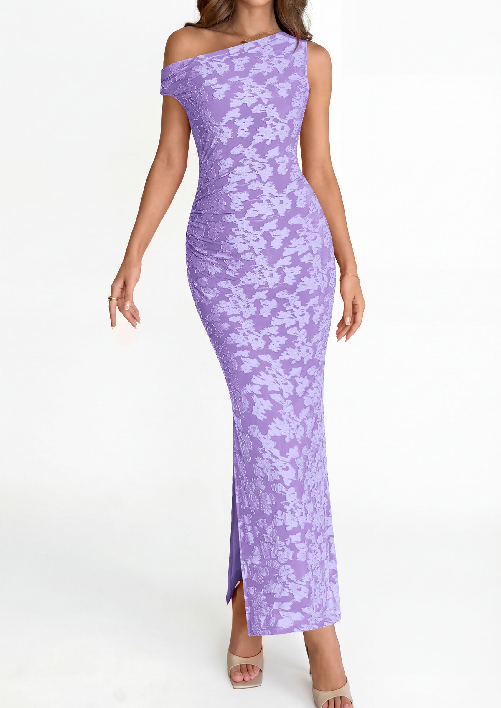 PRETTYGARDEN Womens Floral One Shoulder Maxi Dress 2026 Summer Spring Bodycon Ruched Side Slit Elegant Cocktail Party Dresses PRETTYGARDEN