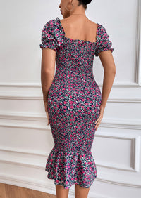 PRETTYGARDEN Bodycon Midi Dresses Summer Floral Puff Sleeve Mermaid Cocktail Baby Shower Photoshoot Maternity Dress