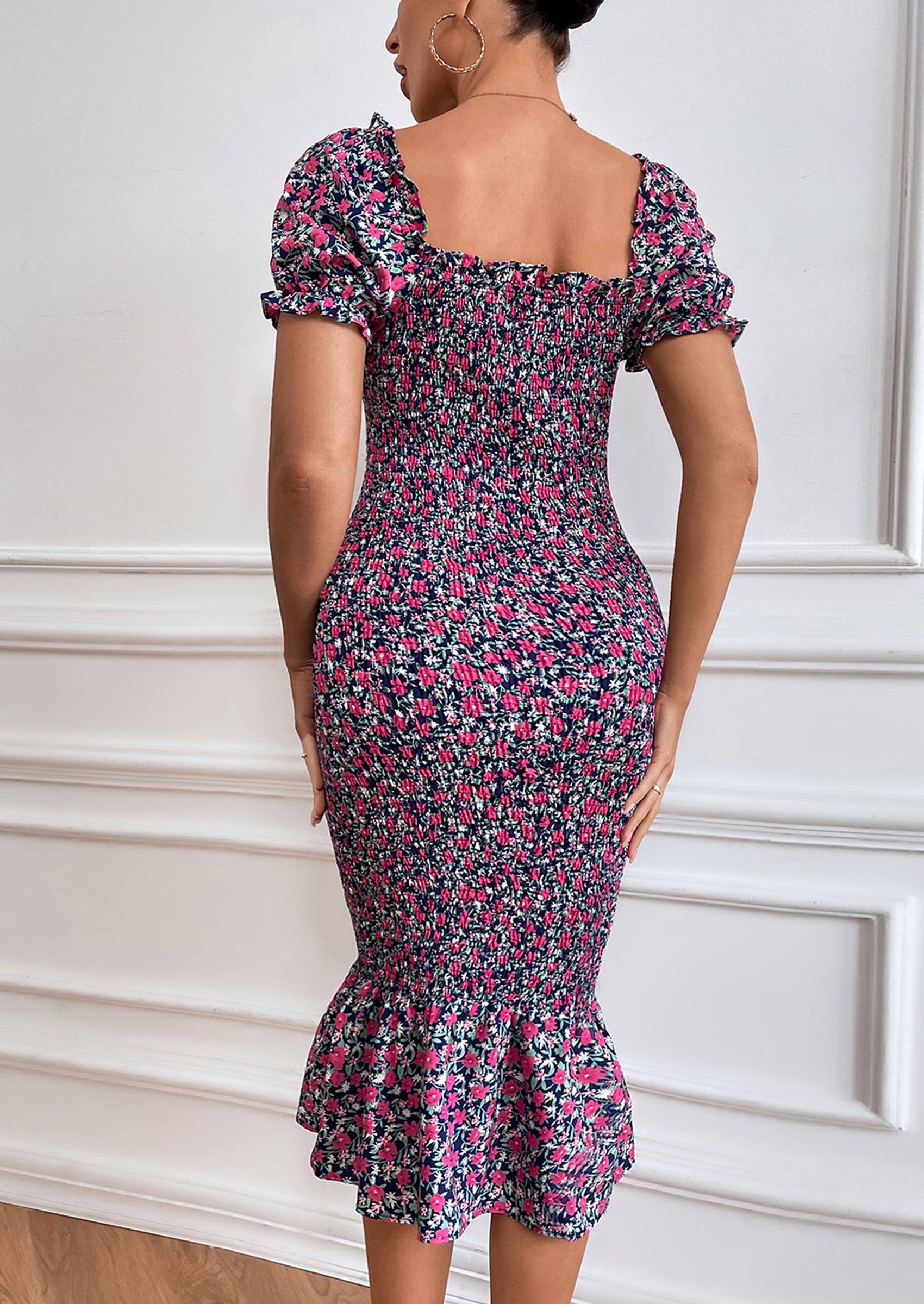 PRETTYGARDEN Bodycon Midi Dresses Summer Floral Puff Sleeve Mermaid Cocktail Baby Shower Photoshoot Maternity Dress