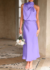 PRETTYGARDEN Women's Summer Satin Dress Elegant Sleeveless Mock Neck Cocktail Party Maxi Dresses