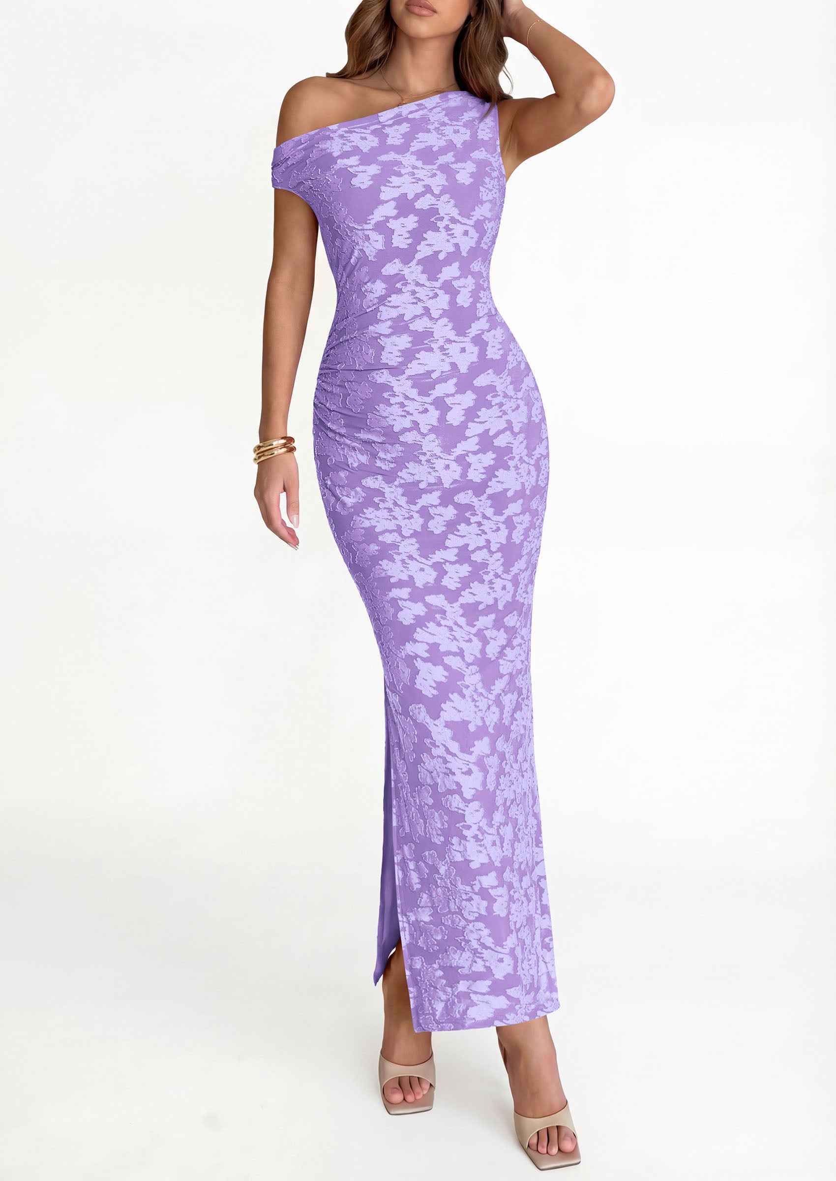 PRETTYGARDEN Womens Floral One Shoulder Maxi Dress 2026 Summer Spring Bodycon Ruched Side Slit Elegant Cocktail Party Dresses PRETTYGARDEN