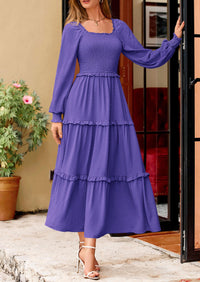 PRETTYGARDEN Women Fall Long Sleeve Smocked Maxi Dress Casual Square Neck Swiss Dot Tiered Ruffle Flowy Spring Pocket Dresses