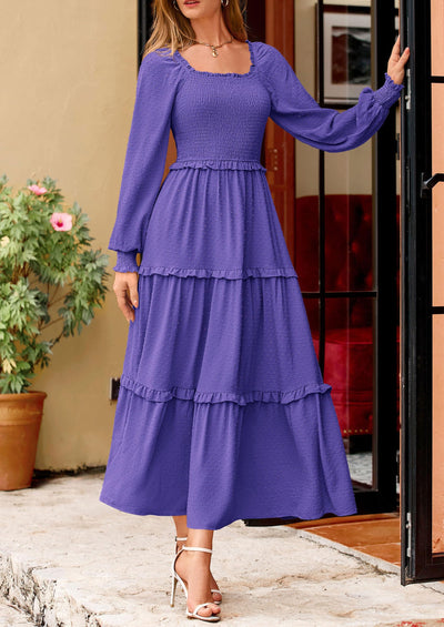 PRETTYGARDEN Women Fall Long Sleeve Smocked Maxi Dress Casual Square Neck Swiss Dot Tiered Ruffle Flowy Spring Pocket Dresses