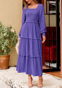 PRETTYGARDEN Women Fall Long Sleeve Smocked Maxi Dress Casual Square Neck Swiss Dot Tiered Ruffle Flowy Spring Pocket Dresses
