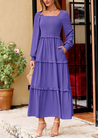 PRETTYGARDEN Women Fall Long Sleeve Smocked Maxi Dress Casual Square Neck Swiss Dot Tiered Ruffle Flowy Spring Pocket Dresses