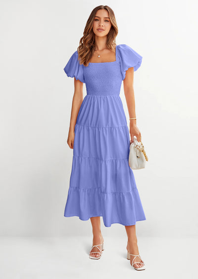 PRETTYGARDEN Women's Summer Casual Midi Dress Puffy Short Sleeve Square Neck Smocked Tiered Ruffle Dresses