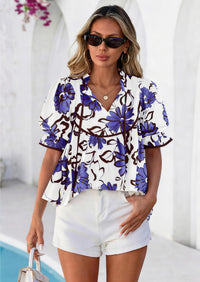 PRETTYGARDEN Womens Summer Tops Cute Puff Sleeve Ruffle V Neck Babydoll T-Shirts Boho Floral Spring Peplum Shirts