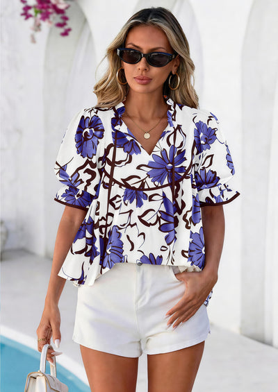 PRETTYGARDEN Womens Summer Tops Cute Puff Sleeve Ruffle V Neck Babydoll T-Shirts Boho Floral Spring Peplum Shirts