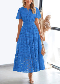 Womens 2025 Summer Maxi Dress Short Sleeve V Neck Hollow Out Eyelet A Line Long Flowy Beach Vacation Dresses