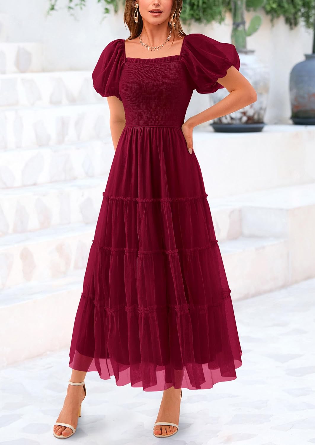 Women's Smocked Midi Tulle Dress 2025 Summer Puffy Short Sleeve Square Neck Ruffle Wedding Guest Party Dresses