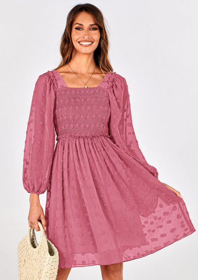 BTFBM Womens Long Sleeve Dress Vacation Square Neck Smocked Floral Swiss Dot Mini Boho Spring Wedding Guest Dresses 2026 PRETTYGARDEN