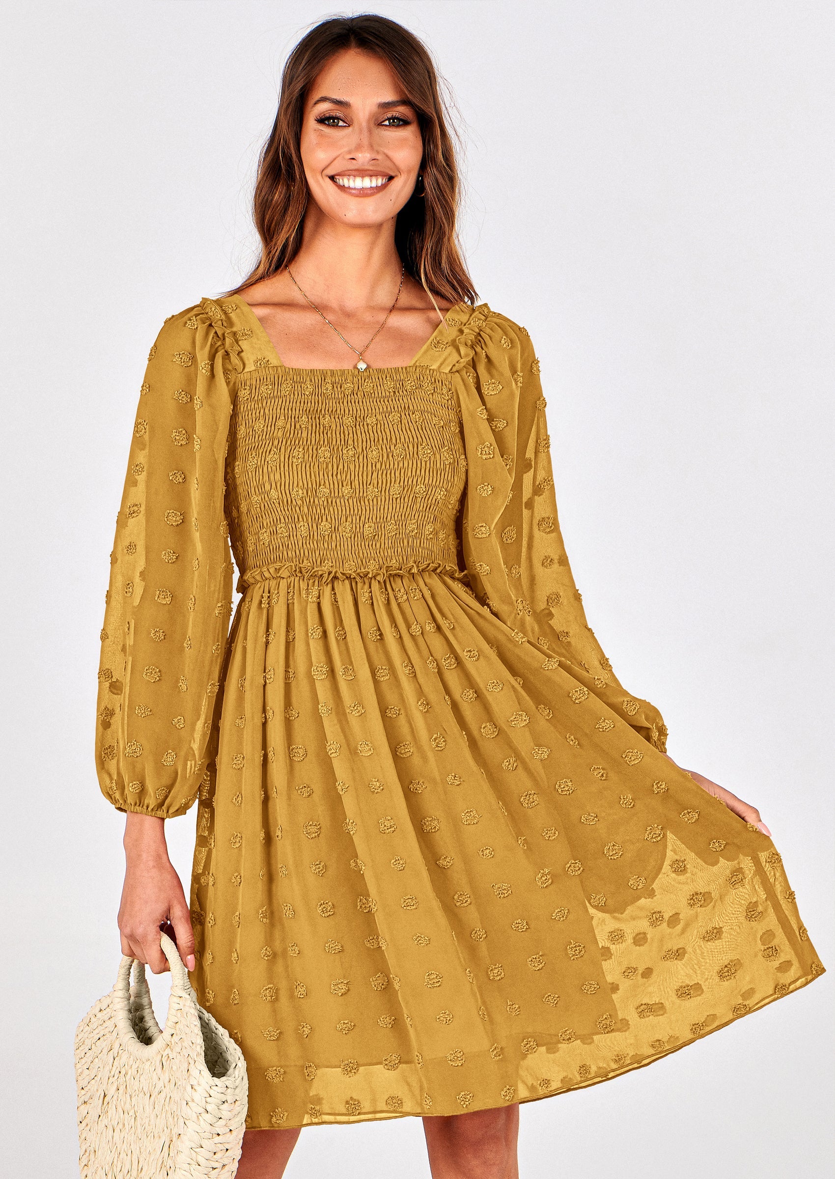 BTFBM Womens Long Sleeve Dress Vacation Square Neck Smocked Floral Swiss Dot Mini Boho Spring Wedding Guest Dresses 2026 PRETTYGARDEN