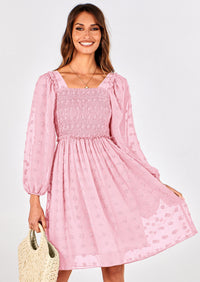 BTFBM Womens Long Sleeve Dress Vacation Square Neck Smocked Floral Swiss Dot Mini Boho Spring Wedding Guest Dresses 2026 PRETTYGARDEN