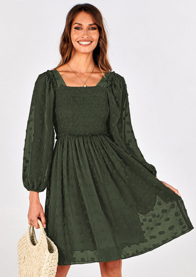 BTFBM Womens Long Sleeve Dress Vacation Square Neck Smocked Floral Swiss Dot Mini Boho Spring Wedding Guest Dresses 2026 PRETTYGARDEN