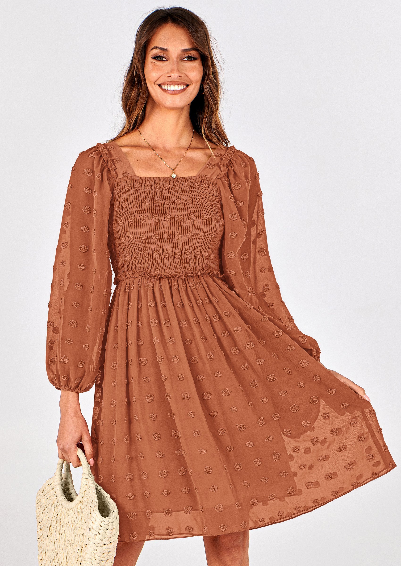 BTFBM Womens Long Sleeve Dress Vacation Square Neck Smocked Floral Swiss Dot Mini Boho Spring Wedding Guest Dresses 2026 PRETTYGARDEN