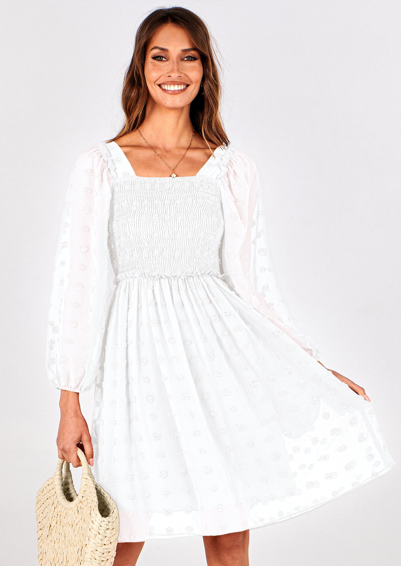 BTFBM Womens Long Sleeve Dress Vacation Square Neck Smocked Floral Swiss Dot Mini Boho Spring Wedding Guest Dresses 2026 PRETTYGARDEN